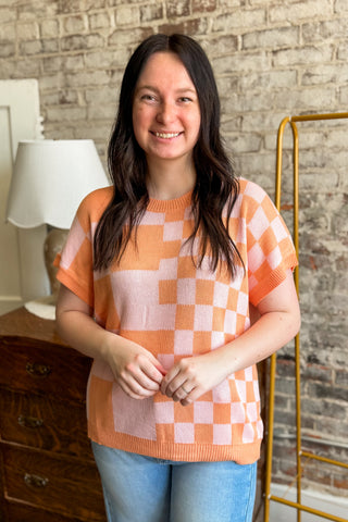 Coral and Pink Checkerboard Sweater Top