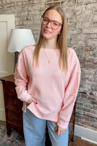 Blush Waffle Knit Boat Neck Pullover