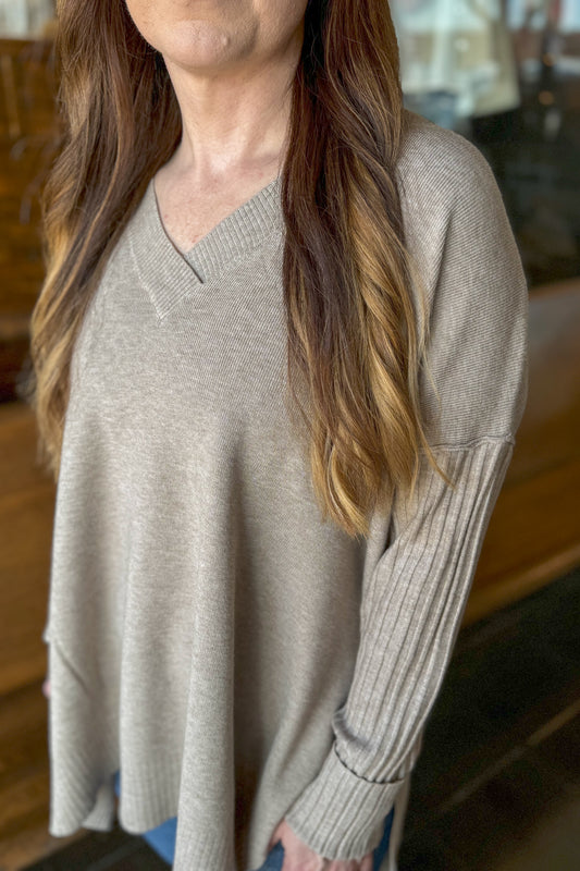 Heathered Mocha V-Neck Ribbed Sleeve Sweater