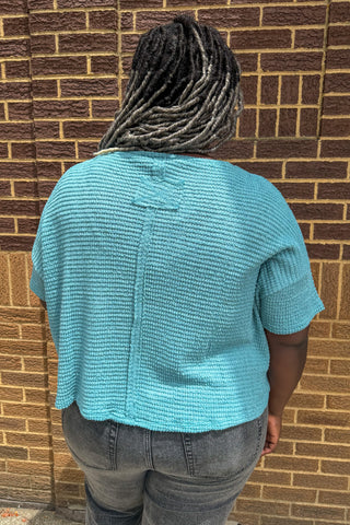 Dusty Teal Short Sleeve Sweater Curvy Top
