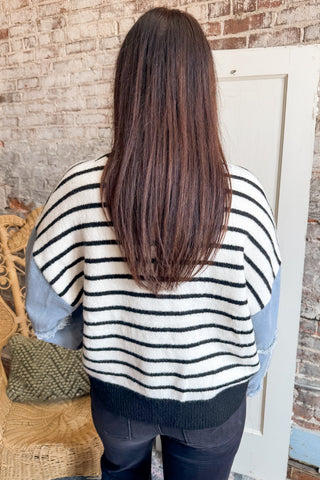 Washed Denim Sleeve Striped Sweater Top