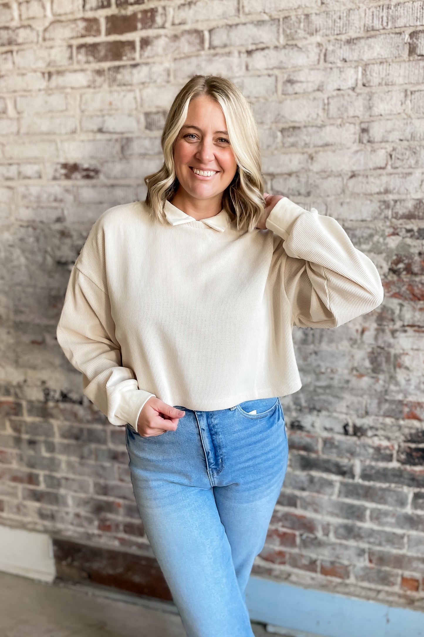 Cream Collared Rib Knit Top