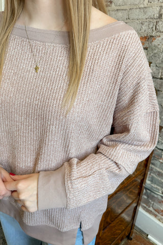 Mocha Waffle Knit Boat Neckline Pullover