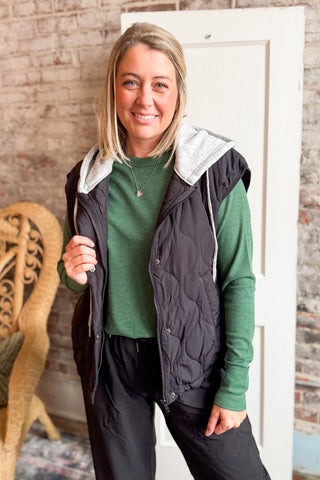 Black Quilted Drawstring Hooded Vest