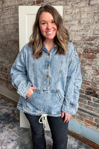 Iris Half Button Washed Denim Hooded Top
