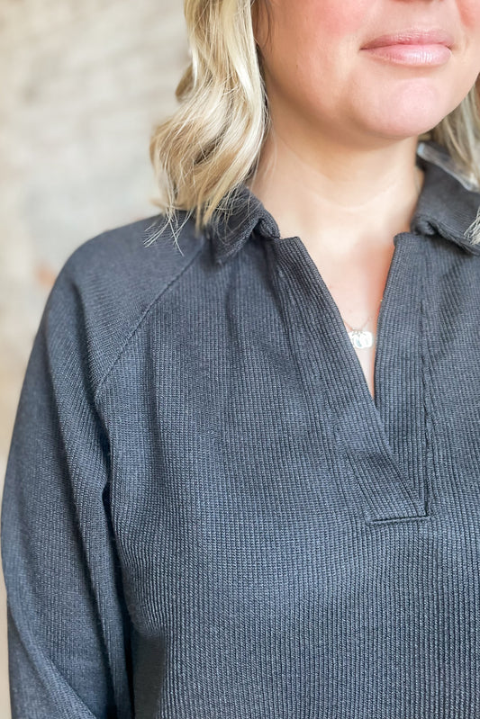 Black Ribbed Placket Pullover Top