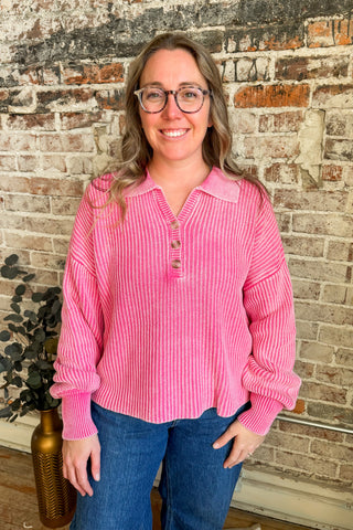 Pink Quarter Button Sweater Top