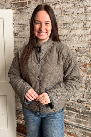 Olive Micro Checker Button Quilted Jacket