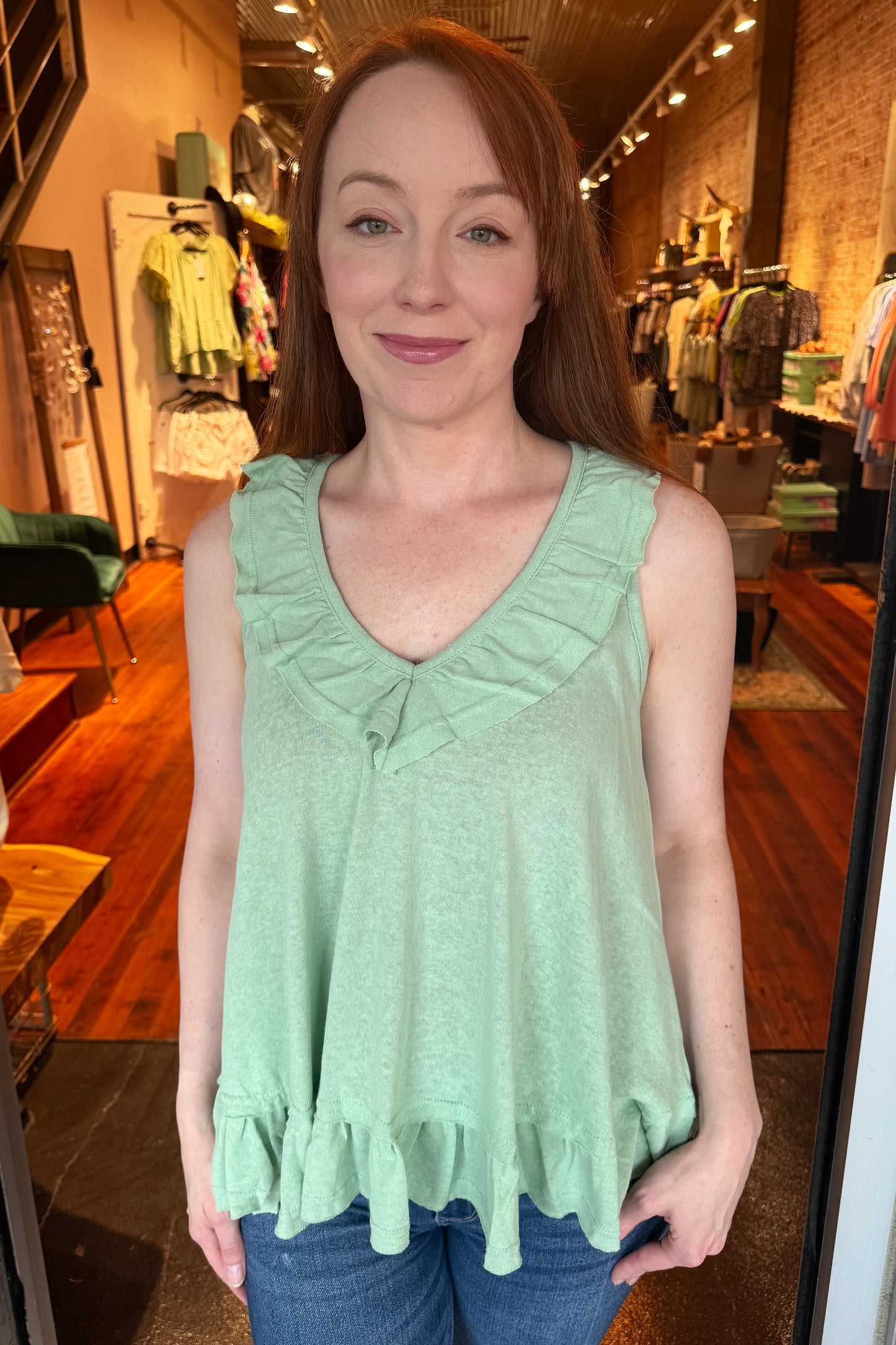 Dina Sage Ruffle Tank