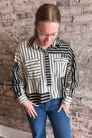 Black Mixed Up Striped Button Up Top