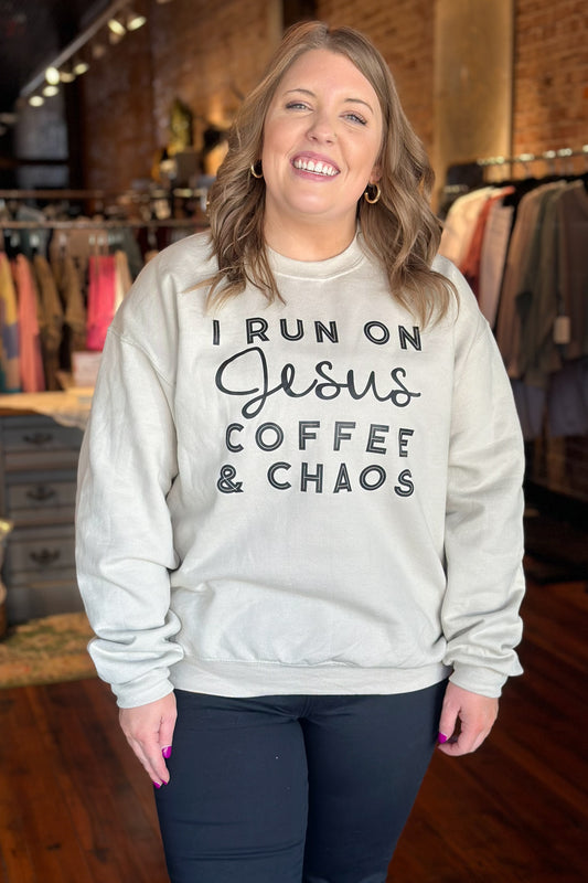 Running on Jesus, Coffee, and Chaos Crewneck