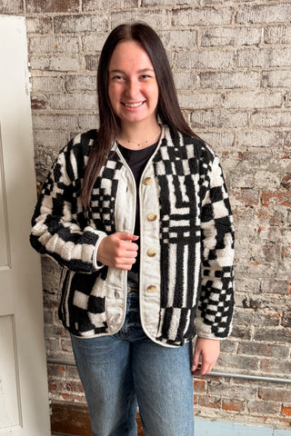 Black Checkered V-Neck Button Down Fleece Jacket