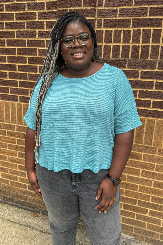 Dusty Teal Short Sleeve Sweater Curvy Top