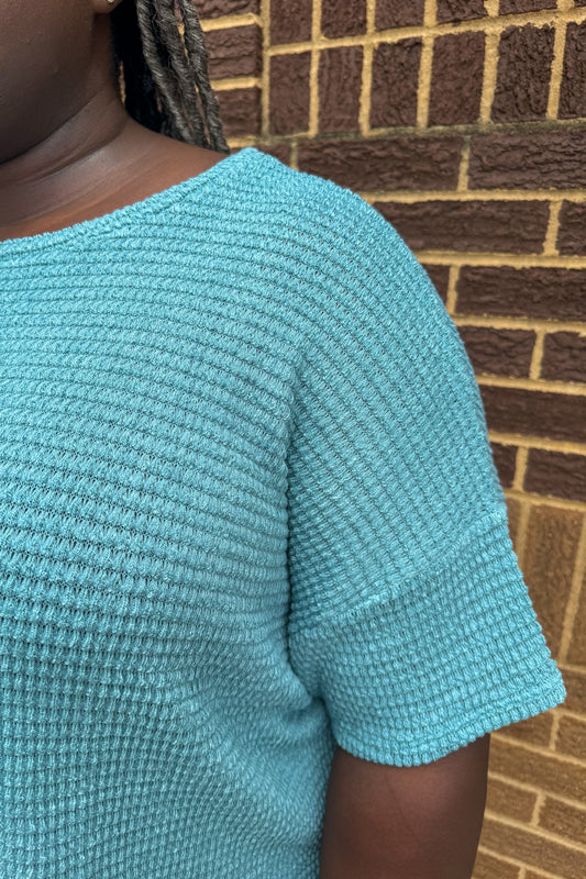 Dusty Teal Short Sleeve Sweater Curvy Top