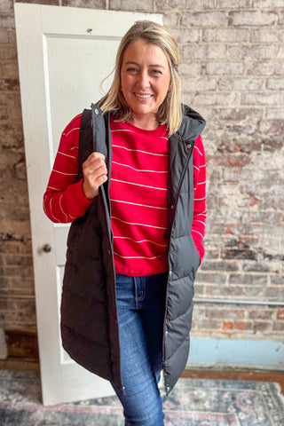 Black Hooded Long Line Vest