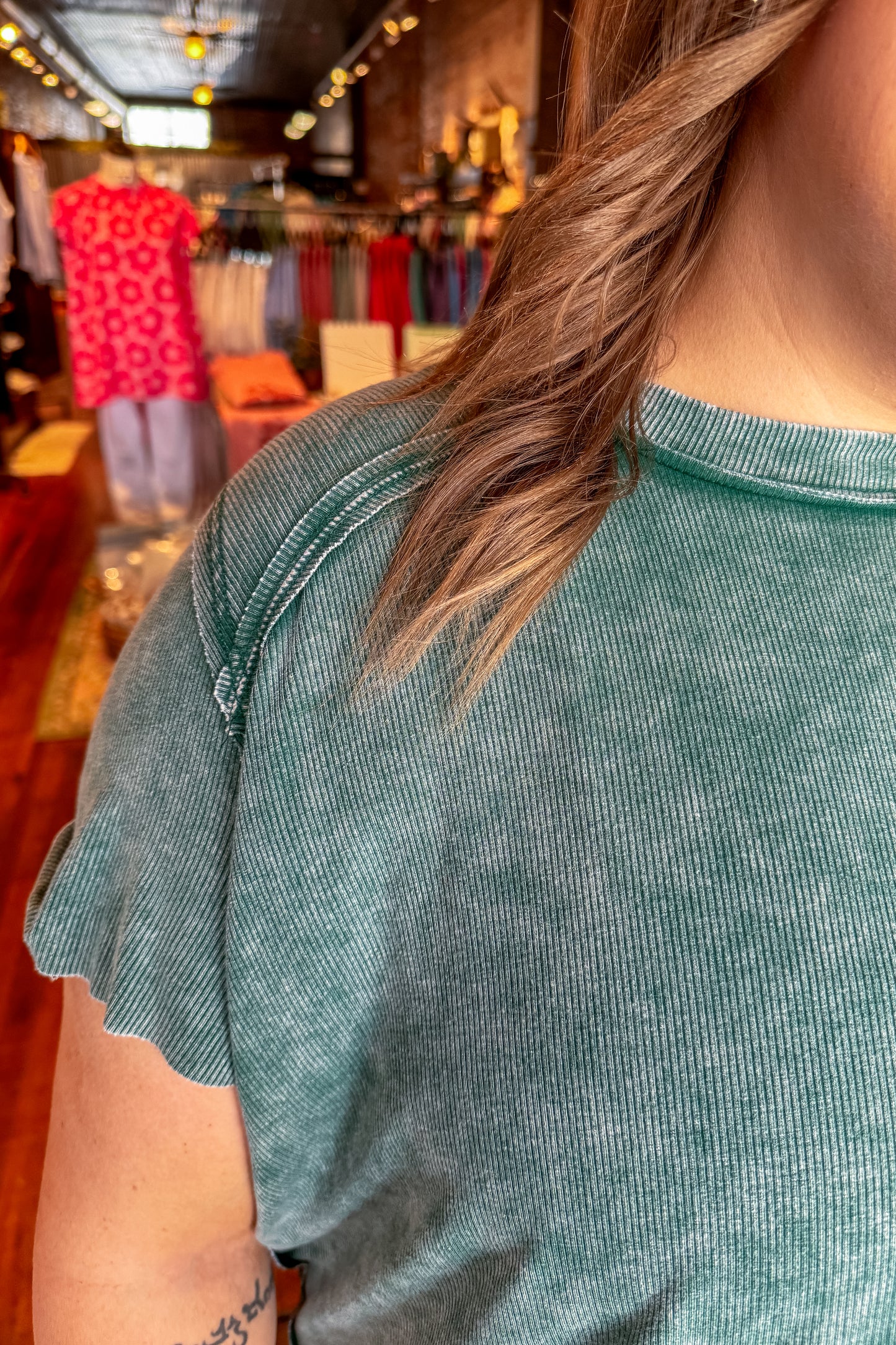 Green Washed and Ribbed Top
