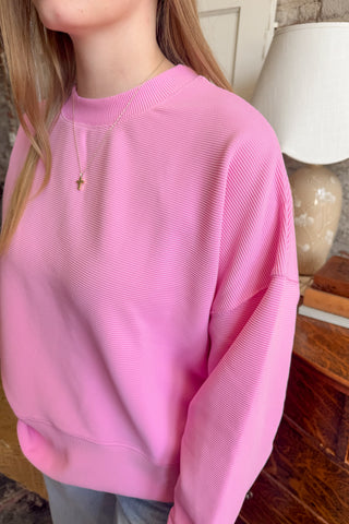 Candy Pink Ribbed Balloon Sleeve Pullover
