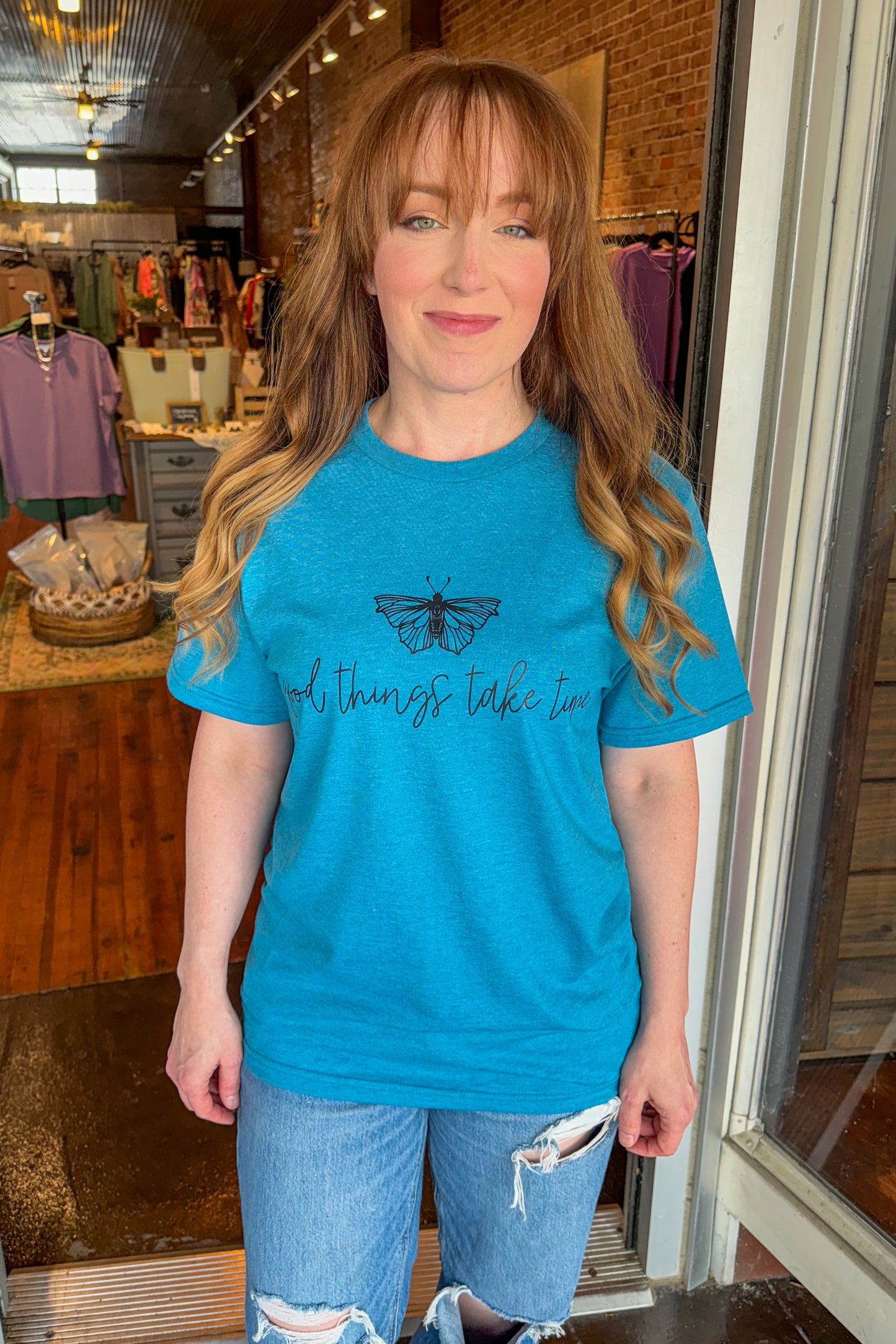 Good Things Take Time Turquoise Tee