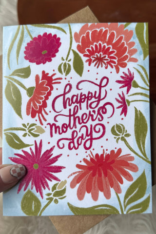 Greeting card with floral design and 'Happy Mother's Day' text held by a hand.