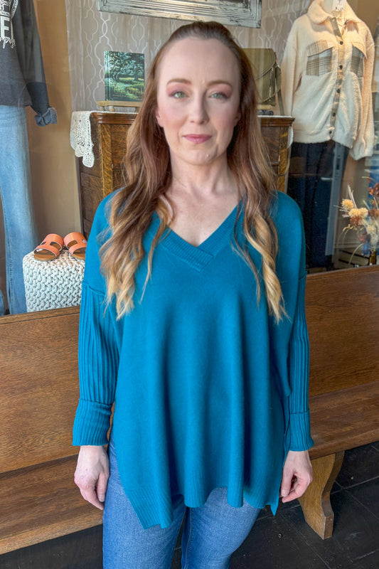 Teal Love V-Neck Ribbed Sleeve Sweater