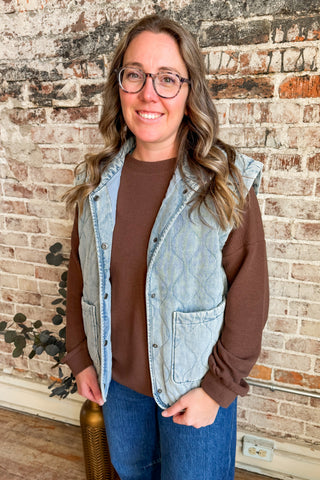 Savannah Washed Denim Quilted Button Vest
