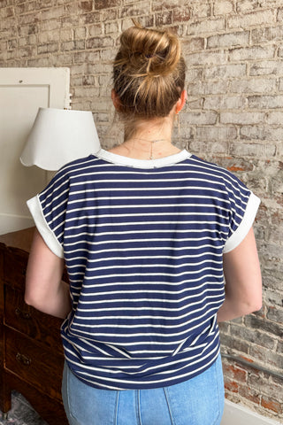 Navy Harbor Stripe Cuffed Sleeve Top (+ Curvy)