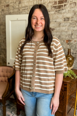 Mocha Stripe Button Front Knit Top