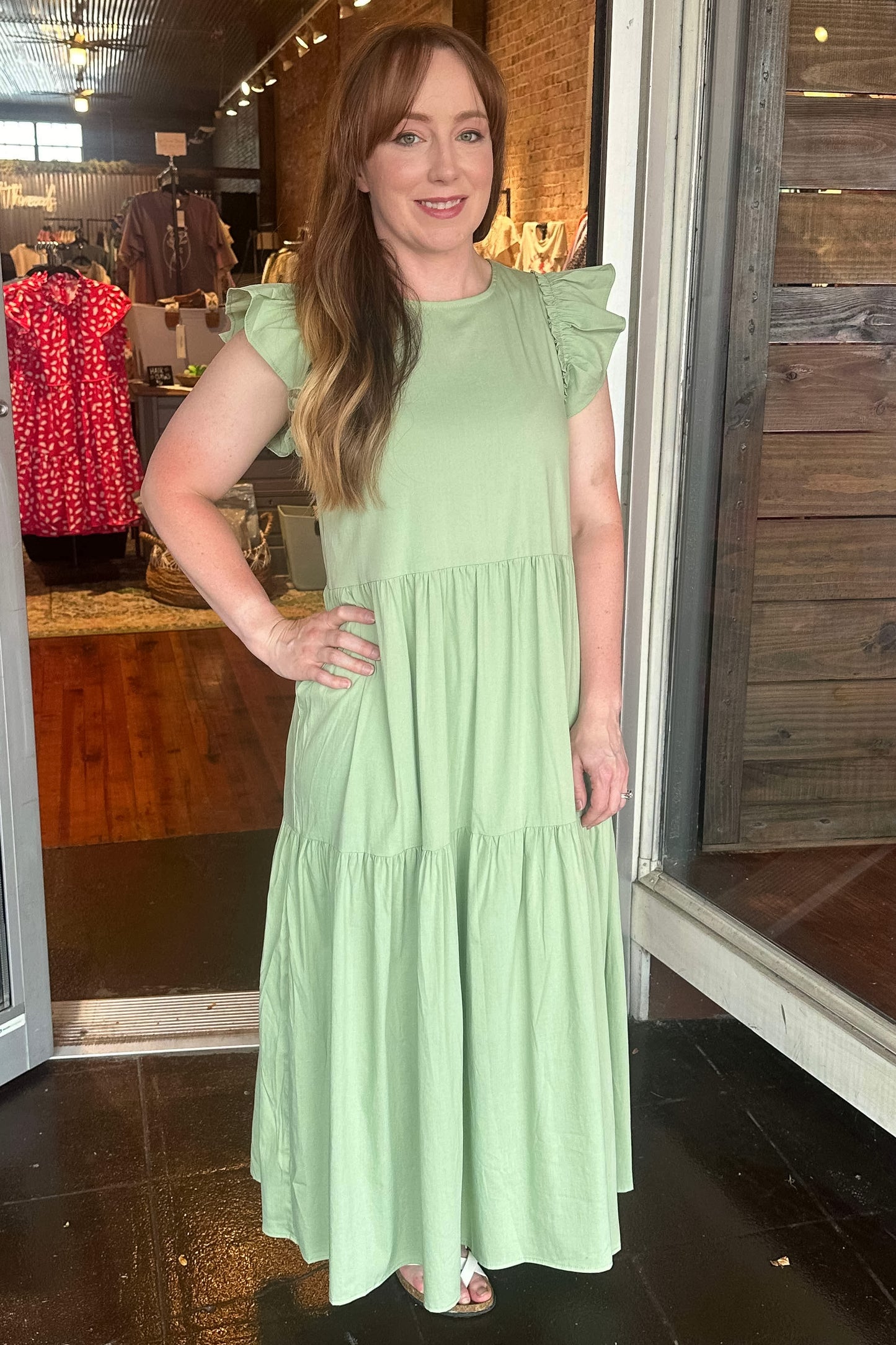 Kira Ruffled Sage Maxi Dress