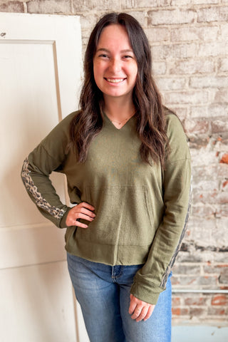 Olive Sequin Animal Print Stripe Hooded Top