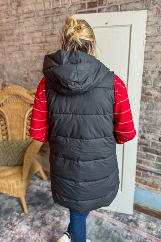 Black Hooded Long Line Vest