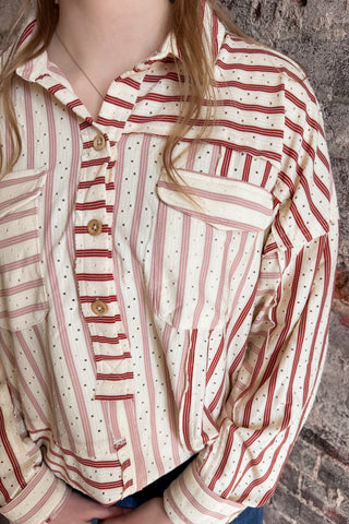 Mauve Mixed Up Striped Button Up Top