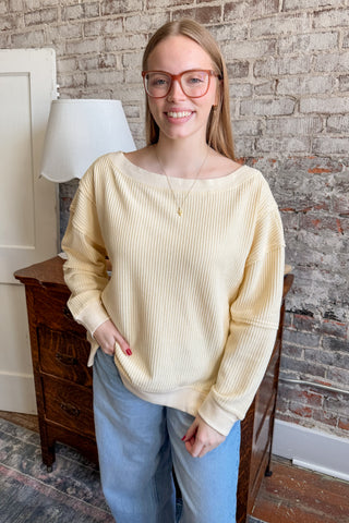 Butter Yellow Waffle Knit Boat Neck Pullover