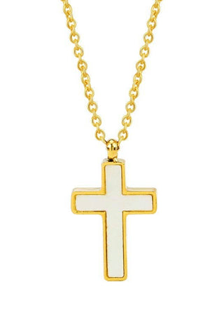 Gold necklace with a white cross pendant on a white background