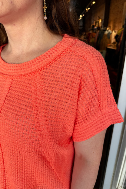 Bright Coral Exposed Seam Waffle Top