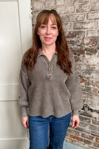 Mocha Button Up Bubble Sleeve Sweater