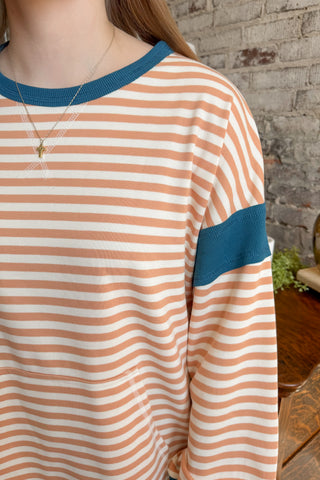 Taupe and Teal Striped Pullover