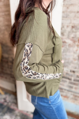 Olive Sequin Animal Print Stripe Hooded Top