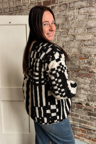 Black Checkered V-Neck Button Down Fleece Jacket