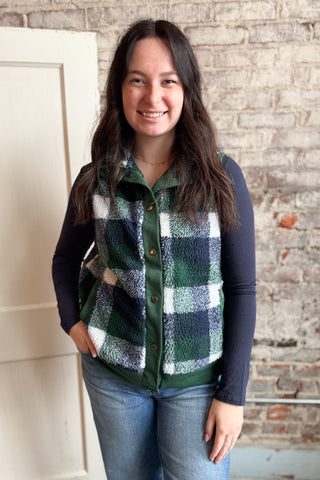 Hunter Green Plaid Button Vest
