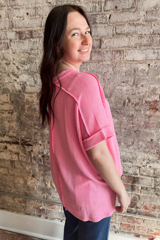 Pastel Pink Raised Rib Cuffed Sleeve Raw Edge Top (+Curvy)