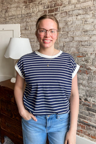Navy Harbor Stripe Cuffed Sleeve Top (+ Curvy)