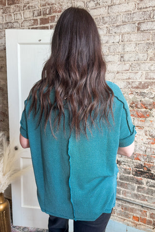 Teal Raised Rib Cuffed Sleeve Raw Edge Top