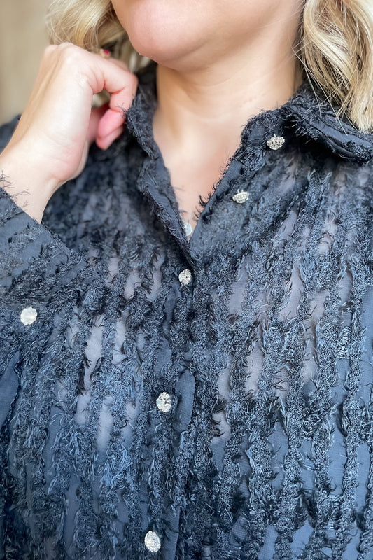 Black Fuzzy Button Down Blouse