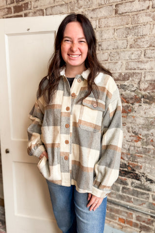 Grey Plaid Puff Collar Jacket