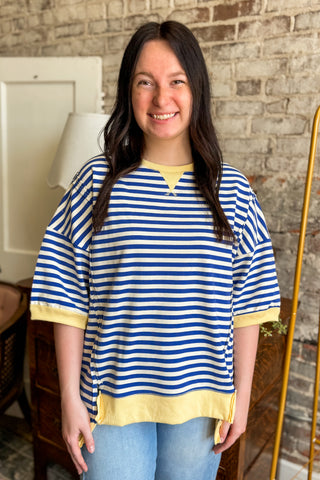 Royal Blue Stripe Contrast Trim Oversized Top