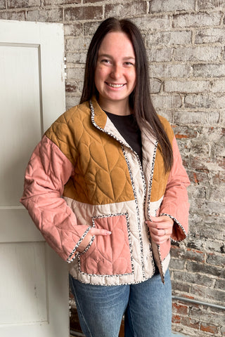 Oh Goodness Color Block Quilted Button Jacket