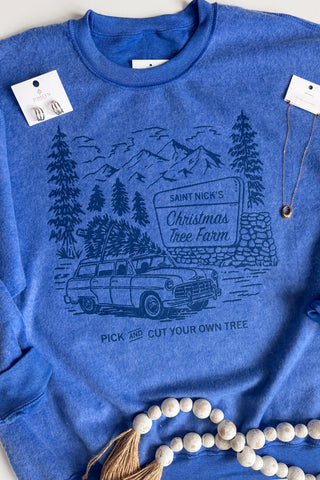 Blue Christmas Tree Farm Reversed Crewneck