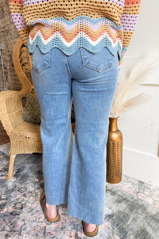 Risen Mid Rise Crop Flare Leg Seam Detailed Jeans