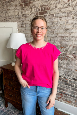 Hot Pink Stitched Detail Cap Sleeve Top