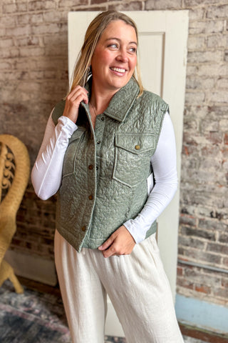 Olive Floral Embroidered Button Vest
